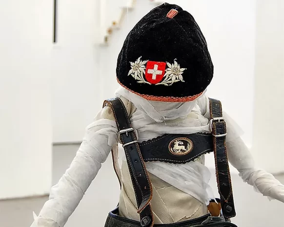 One boy with a wool hat decorated with edelweiss and swiss coat of arms